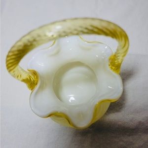Fenton art glass basket white with yellow draped overlay.